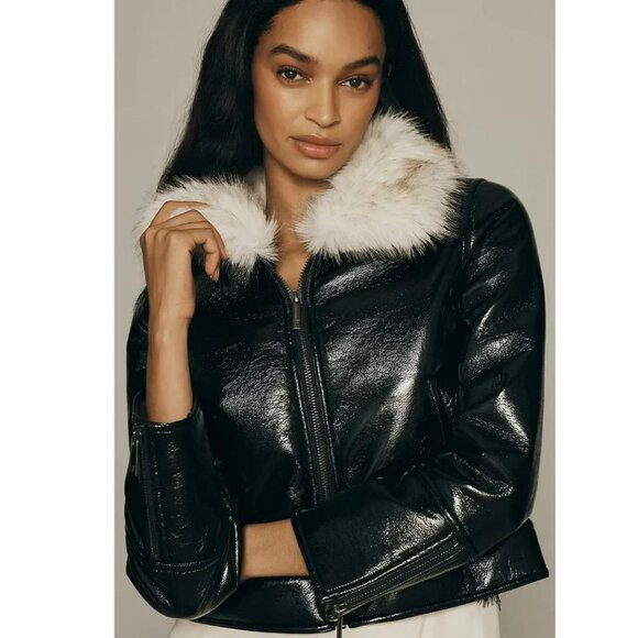 New Unreal FurWomens Black Vegan Leather Wet Look Aviator Luxury Jacket Z35
